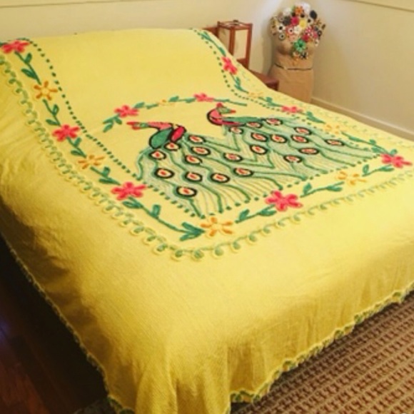 Vintage Lemon Yellow Peacock Chenille Queen Cover